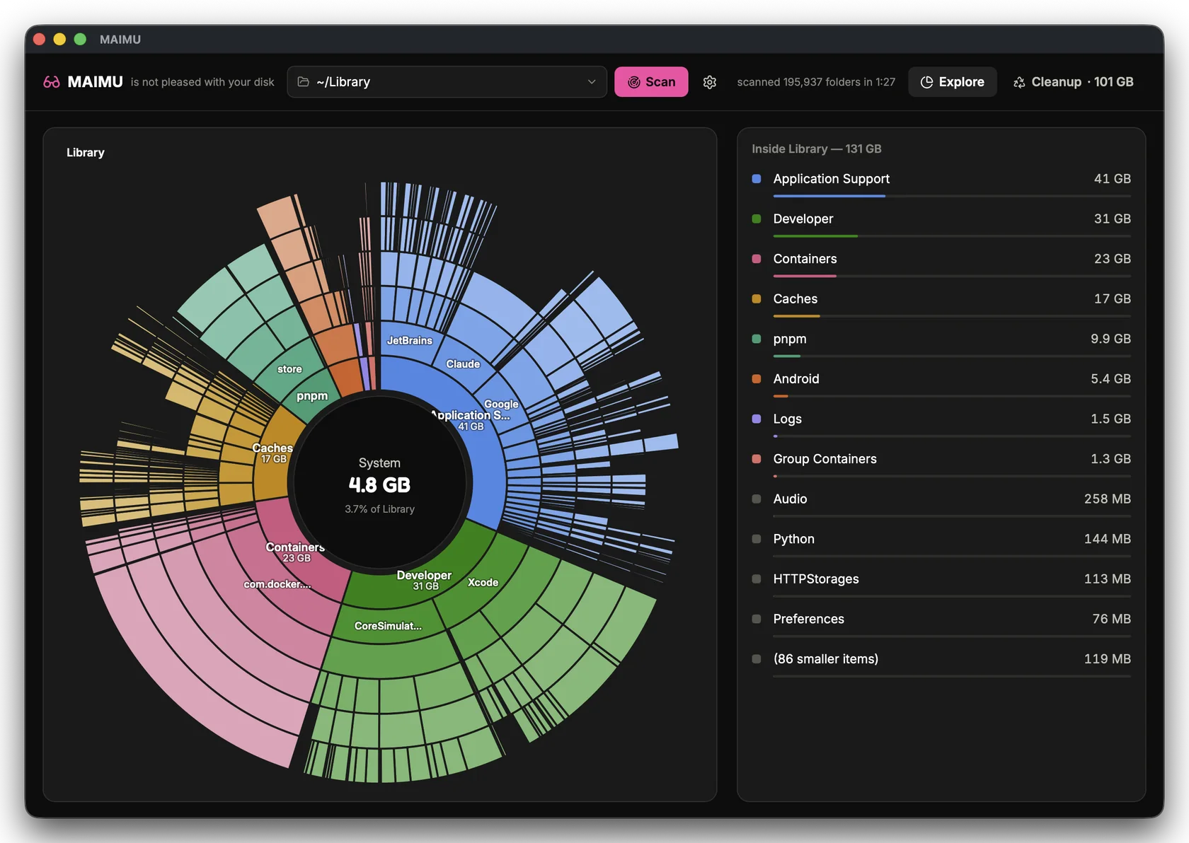 MAIMU's sunburst explorer mapping a real 131 GB Library folder — Application Support, Developer, Containers and Caches ring by ring, with a size-ranked list beside it